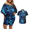 Humpback Whale Matariki New Zealand Couples Matching Off Shoulder Short Dress and Hawaiian Shirt NZ Maori Paikea Poutama Luxury Blue