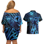 Humpback Whale Matariki New Zealand Couples Matching Off Shoulder Short Dress and Hawaiian Shirt NZ Maori Paikea Poutama Luxury Blue