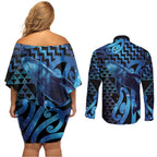 Humpback Whale Matariki New Zealand Couples Matching Off Shoulder Short Dress and Long Sleeve Button Shirt NZ Maori Paikea Poutama Luxury Blue