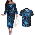 Humpback Whale Matariki New Zealand Couples Matching Off The Shoulder Long Sleeve Dress and Hawaiian Shirt NZ Maori Paikea Poutama Luxury Blue