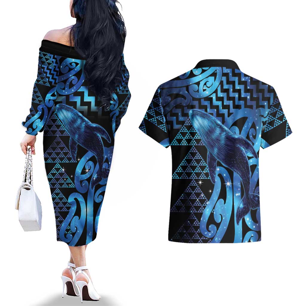 Humpback Whale Matariki New Zealand Couples Matching Off The Shoulder Long Sleeve Dress and Hawaiian Shirt NZ Maori Paikea Poutama Luxury Blue