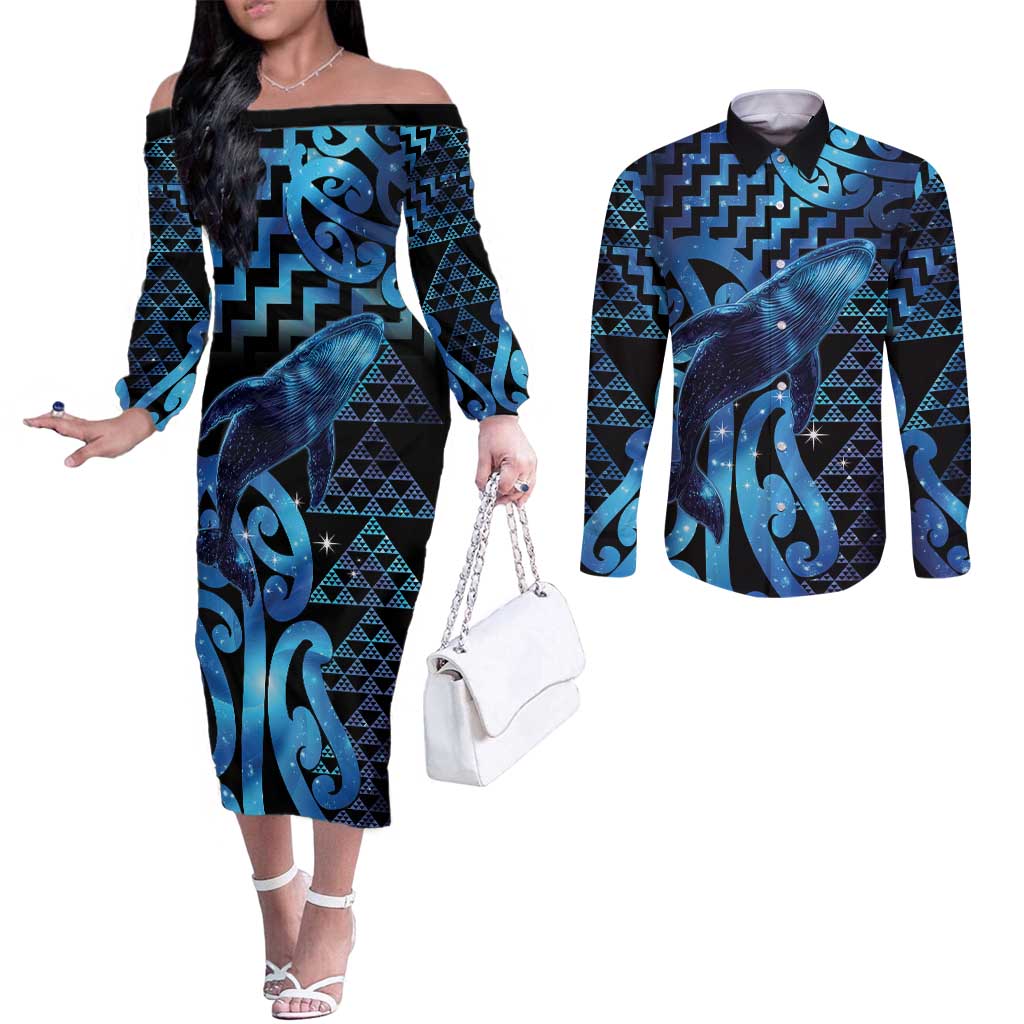Humpback Whale Matariki New Zealand Couples Matching Off The Shoulder Long Sleeve Dress and Long Sleeve Button Shirt NZ Maori Paikea Poutama Luxury Blue