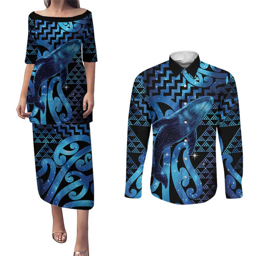 Humpback Whale Matariki New Zealand Couples Matching Puletasi and Long Sleeve Button Shirt NZ Maori Paikea Poutama Luxury Blue