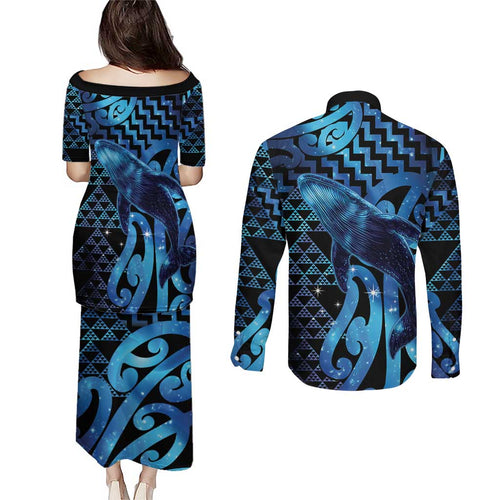 Humpback Whale Matariki New Zealand Couples Matching Puletasi and Long Sleeve Button Shirt NZ Maori Paikea Poutama Luxury Blue