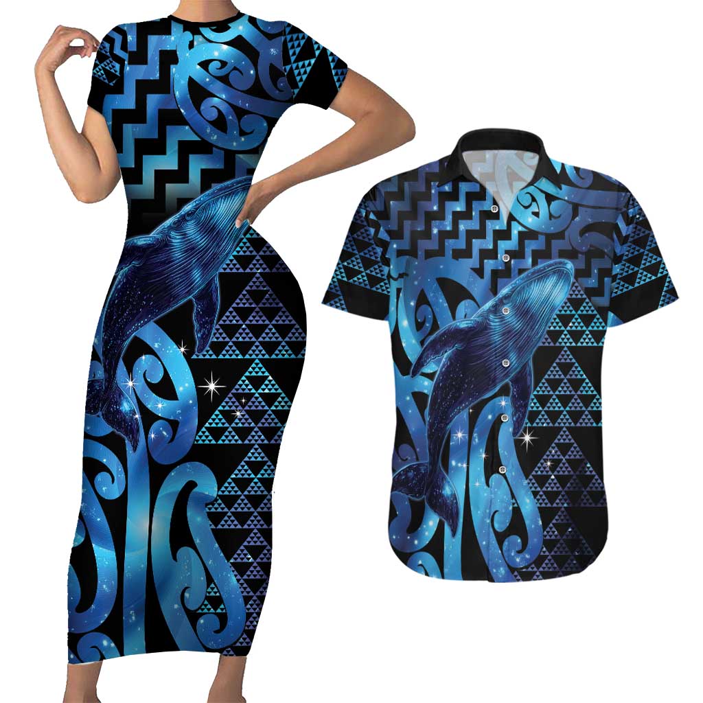 Humpback Whale Matariki New Zealand Couples Matching Short Sleeve Bodycon Dress and Hawaiian Shirt NZ Maori Paikea Poutama Luxury Blue