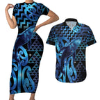 Humpback Whale Matariki New Zealand Couples Matching Short Sleeve Bodycon Dress and Hawaiian Shirt NZ Maori Paikea Poutama Luxury Blue