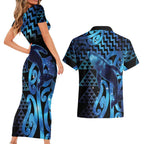 Humpback Whale Matariki New Zealand Couples Matching Short Sleeve Bodycon Dress and Hawaiian Shirt NZ Maori Paikea Poutama Luxury Blue