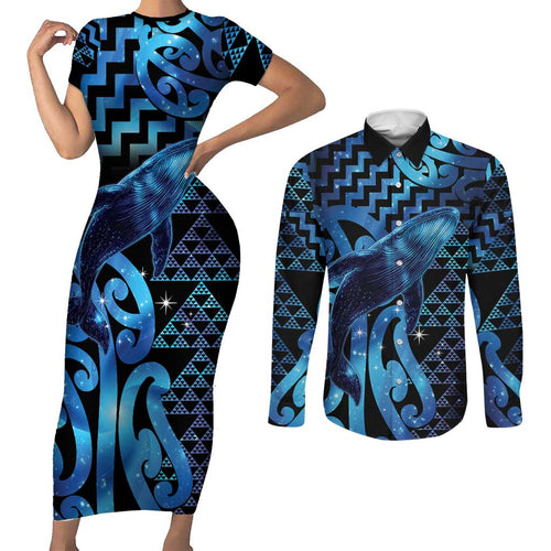 Humpback Whale Matariki New Zealand Couples Matching Short Sleeve Bodycon Dress and Long Sleeve Button Shirt NZ Maori Paikea Poutama Luxury Blue