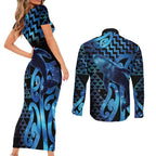 Humpback Whale Matariki New Zealand Couples Matching Short Sleeve Bodycon Dress and Long Sleeve Button Shirt NZ Maori Paikea Poutama Luxury Blue