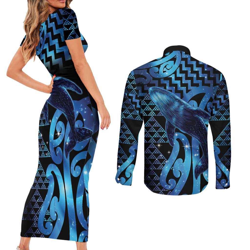 Humpback Whale Matariki New Zealand Couples Matching Short Sleeve Bodycon Dress and Long Sleeve Button Shirt NZ Maori Paikea Poutama Luxury Blue