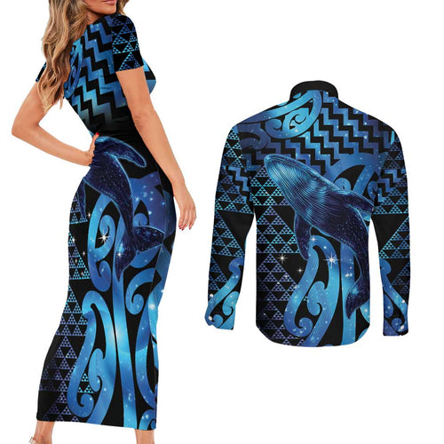 Humpback Whale Matariki New Zealand Couples Matching Short Sleeve Bodycon Dress and Long Sleeve Button Shirt NZ Maori Paikea Poutama Luxury Blue