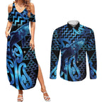 Humpback Whale Matariki New Zealand Couples Matching Summer Maxi Dress and Long Sleeve Button Shirt NZ Maori Paikea Poutama Luxury Blue