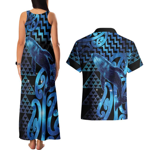 Humpback Whale Matariki New Zealand Couples Matching Tank Maxi Dress and Hawaiian Shirt NZ Maori Paikea Poutama Luxury Blue