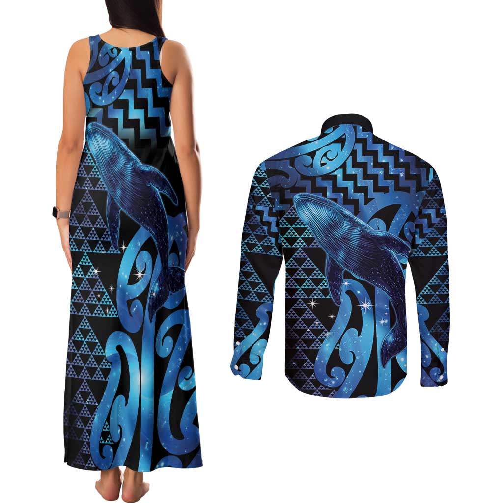 Humpback Whale Matariki New Zealand Couples Matching Tank Maxi Dress and Long Sleeve Button Shirt NZ Maori Paikea Poutama Luxury Blue