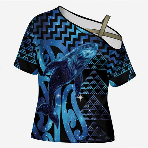 Humpback Whale Matariki New Zealand Cross Shoulder Shirt NZ Maori Paikea Poutama Luxury Blue