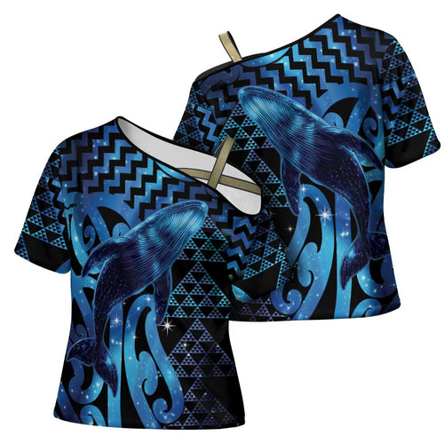 Humpback Whale Matariki New Zealand Cross Shoulder Shirt NZ Maori Paikea Poutama Luxury Blue