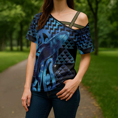 Humpback Whale Matariki New Zealand Cross Shoulder Shirt NZ Maori Paikea Poutama Luxury Blue