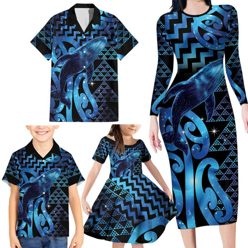 Humpback Whale Matariki New Zealand Family Matching Long Sleeve Bodycon Dress and Hawaiian Shirt NZ Maori Paikea Poutama Luxury Blue