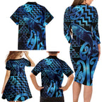 Humpback Whale Matariki New Zealand Family Matching Long Sleeve Bodycon Dress and Hawaiian Shirt NZ Maori Paikea Poutama Luxury Blue