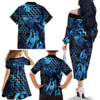 Humpback Whale Matariki New Zealand Family Matching Off The Shoulder Long Sleeve Dress and Hawaiian Shirt NZ Maori Paikea Poutama Luxury Blue