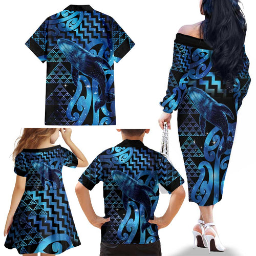 Humpback Whale Matariki New Zealand Family Matching Off The Shoulder Long Sleeve Dress and Hawaiian Shirt NZ Maori Paikea Poutama Luxury Blue