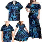 Humpback Whale Matariki New Zealand Family Matching Off Shoulder Maxi Dress and Hawaiian Shirt NZ Maori Paikea Poutama Luxury Blue