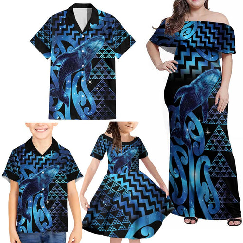Humpback Whale Matariki New Zealand Family Matching Off Shoulder Maxi Dress and Hawaiian Shirt NZ Maori Paikea Poutama Luxury Blue