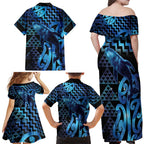 Humpback Whale Matariki New Zealand Family Matching Off Shoulder Maxi Dress and Hawaiian Shirt NZ Maori Paikea Poutama Luxury Blue