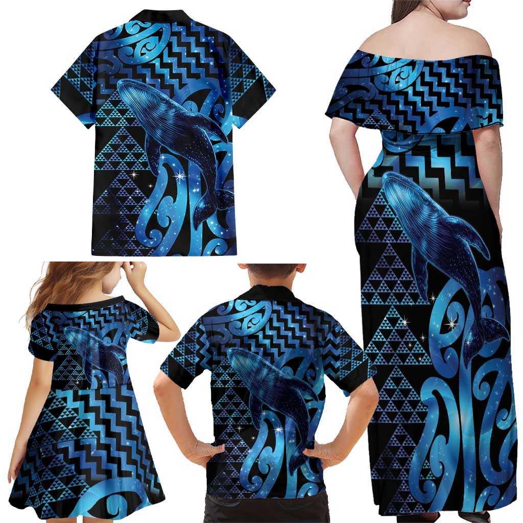 Humpback Whale Matariki New Zealand Family Matching Off Shoulder Maxi Dress and Hawaiian Shirt NZ Maori Paikea Poutama Luxury Blue