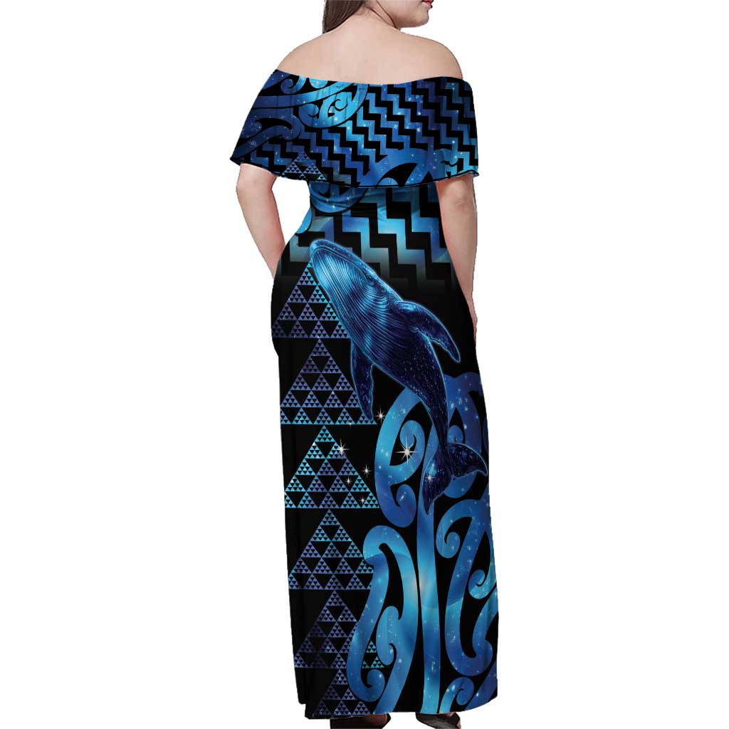 Humpback Whale Matariki New Zealand Family Matching Off Shoulder Maxi Dress and Hawaiian Shirt NZ Maori Paikea Poutama Luxury Blue
