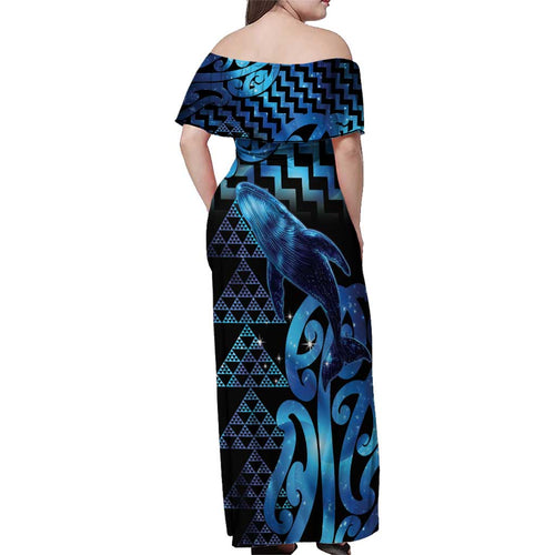 Humpback Whale Matariki New Zealand Family Matching Off Shoulder Maxi Dress and Hawaiian Shirt NZ Maori Paikea Poutama Luxury Blue