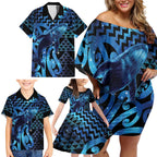 Humpback Whale Matariki New Zealand Family Matching Off Shoulder Short Dress and Hawaiian Shirt NZ Maori Paikea Poutama Luxury Blue