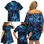 Humpback Whale Matariki New Zealand Family Matching Off Shoulder Short Dress and Hawaiian Shirt NZ Maori Paikea Poutama Luxury Blue
