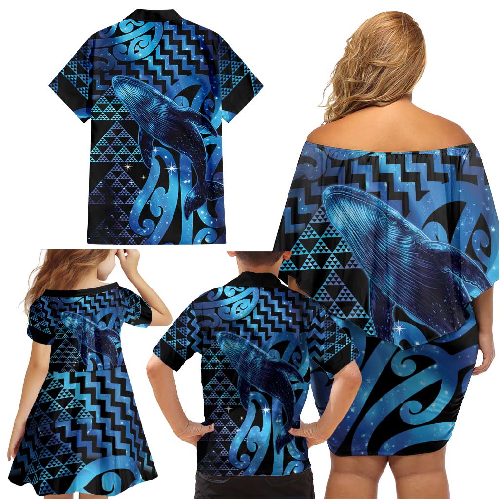 Humpback Whale Matariki New Zealand Family Matching Off Shoulder Short Dress and Hawaiian Shirt NZ Maori Paikea Poutama Luxury Blue