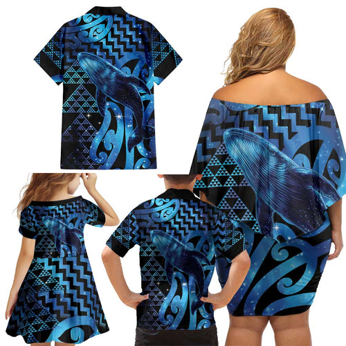 Humpback Whale Matariki New Zealand Family Matching Off Shoulder Short Dress and Hawaiian Shirt NZ Maori Paikea Poutama Luxury Blue