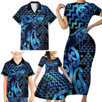 Humpback Whale Matariki New Zealand Family Matching Short Sleeve Bodycon Dress and Hawaiian Shirt NZ Maori Paikea Poutama Luxury Blue