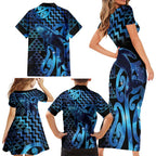 Humpback Whale Matariki New Zealand Family Matching Short Sleeve Bodycon Dress and Hawaiian Shirt NZ Maori Paikea Poutama Luxury Blue
