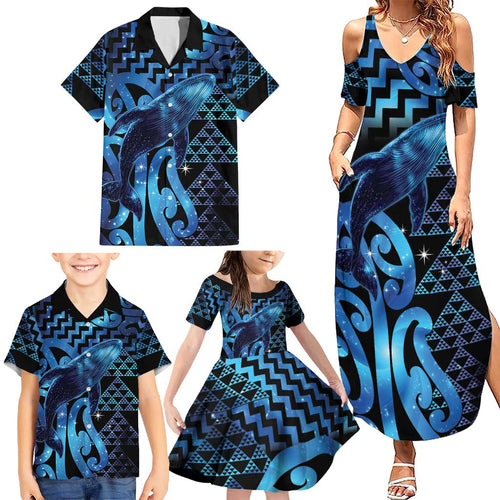 Humpback Whale Matariki New Zealand Family Matching Summer Maxi Dress and Hawaiian Shirt NZ Maori Paikea Poutama Luxury Blue
