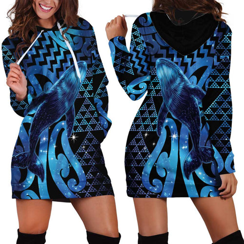 Humpback Whale Matariki New Zealand Hoodie Dress NZ Maori Paikea Poutama Luxury Blue