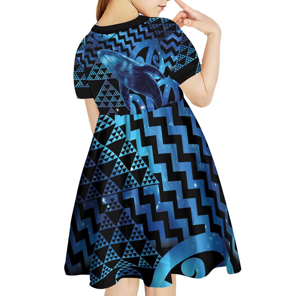 Humpback Whale Matariki New Zealand Kid Short Sleeve Dress NZ Maori Paikea Poutama Luxury Blue