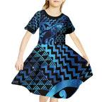 Humpback Whale Matariki New Zealand Kid Short Sleeve Dress NZ Maori Paikea Poutama Luxury Blue