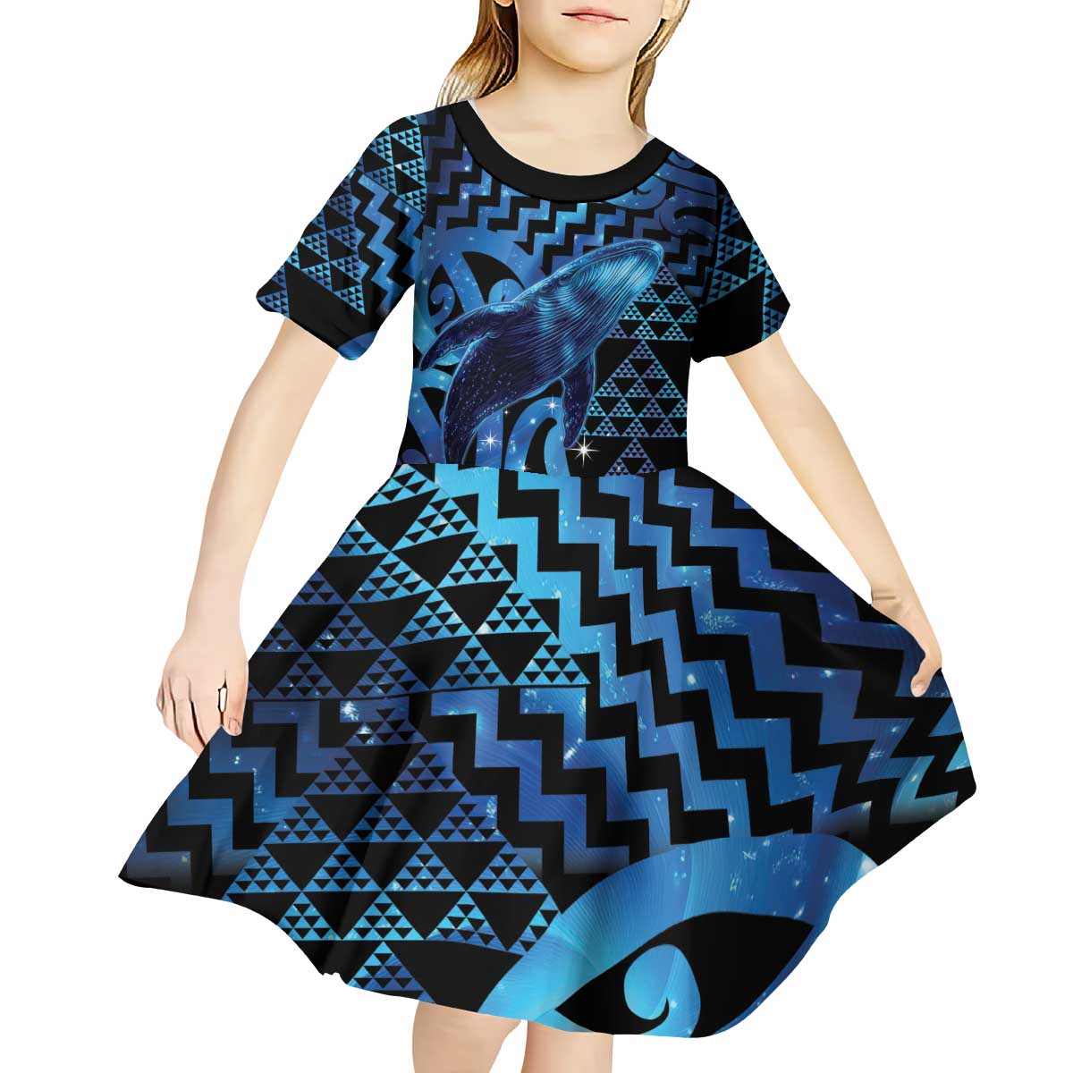 Humpback Whale Matariki New Zealand Kid Short Sleeve Dress NZ Maori Paikea Poutama Luxury Blue