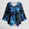 Humpback Whale Matariki New Zealand Kimono Sleeve Blouse NZ Maori Paikea Poutama Luxury Blue