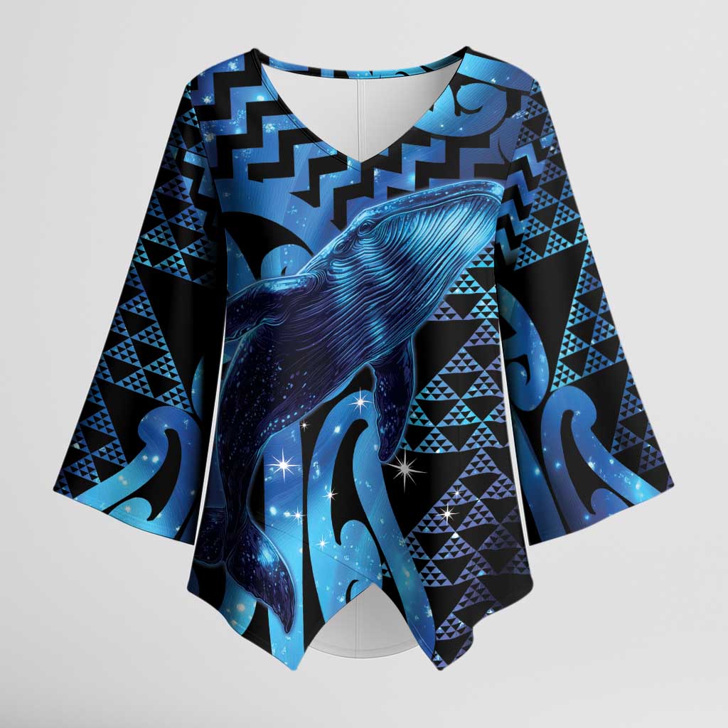 Humpback Whale Matariki New Zealand Kimono Sleeve Blouse NZ Maori Paikea Poutama Luxury Blue