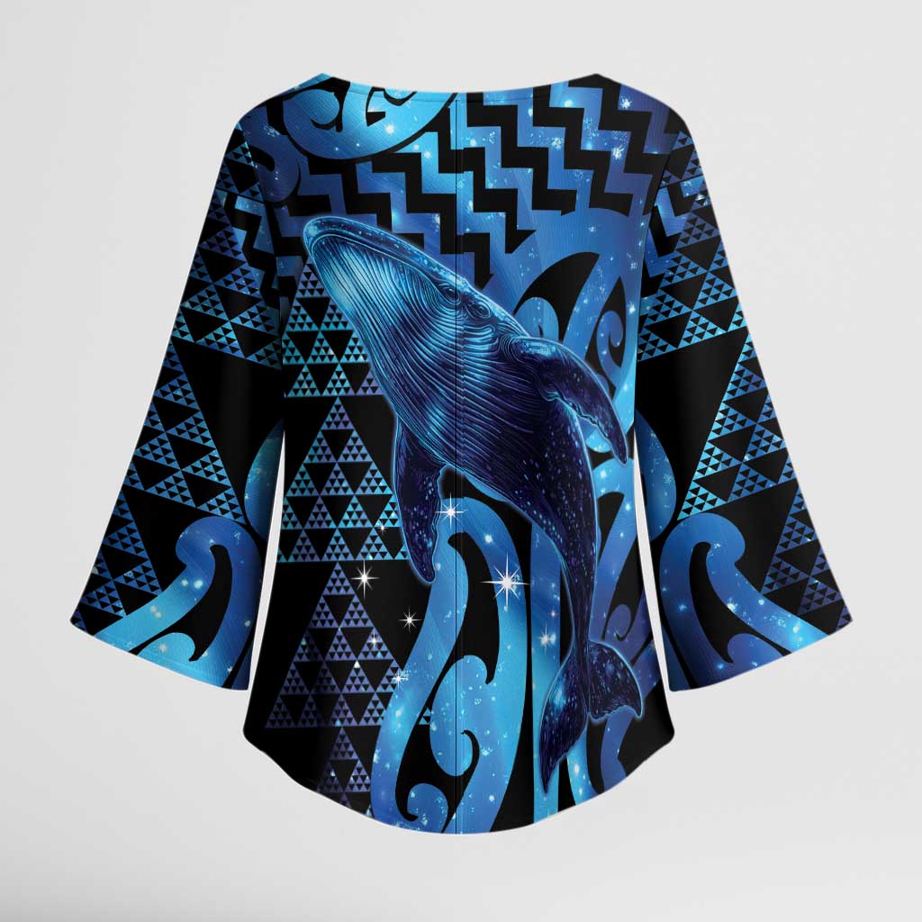 Humpback Whale Matariki New Zealand Kimono Sleeve Blouse NZ Maori Paikea Poutama Luxury Blue