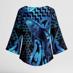 Humpback Whale Matariki New Zealand Kimono Sleeve Blouse NZ Maori Paikea Poutama Luxury Blue