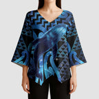 Humpback Whale Matariki New Zealand Kimono Sleeve Blouse NZ Maori Paikea Poutama Luxury Blue
