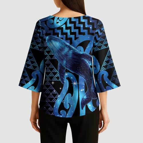Humpback Whale Matariki New Zealand Kimono Sleeve Blouse NZ Maori Paikea Poutama Luxury Blue