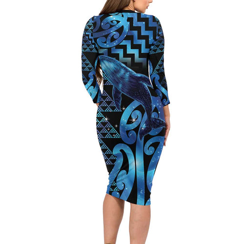 Humpback Whale Matariki New Zealand Long Sleeve Bodycon Dress NZ Maori Paikea Poutama Luxury Blue