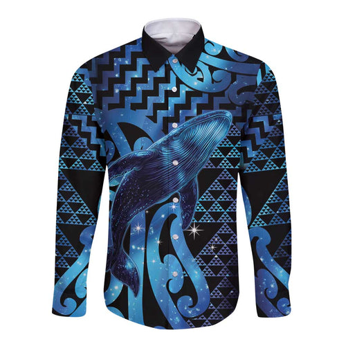 Humpback Whale Matariki New Zealand Long Sleeve Button Shirt NZ Maori Paikea Poutama Luxury Blue